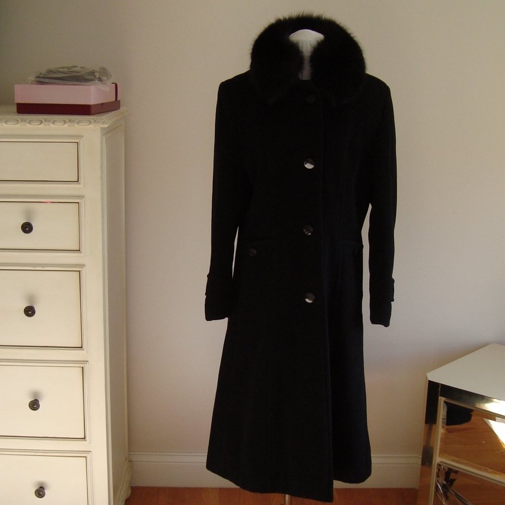 Steilmann Black Cashmere Blend Coat with Black Fox Fur Collar-Size 6-8